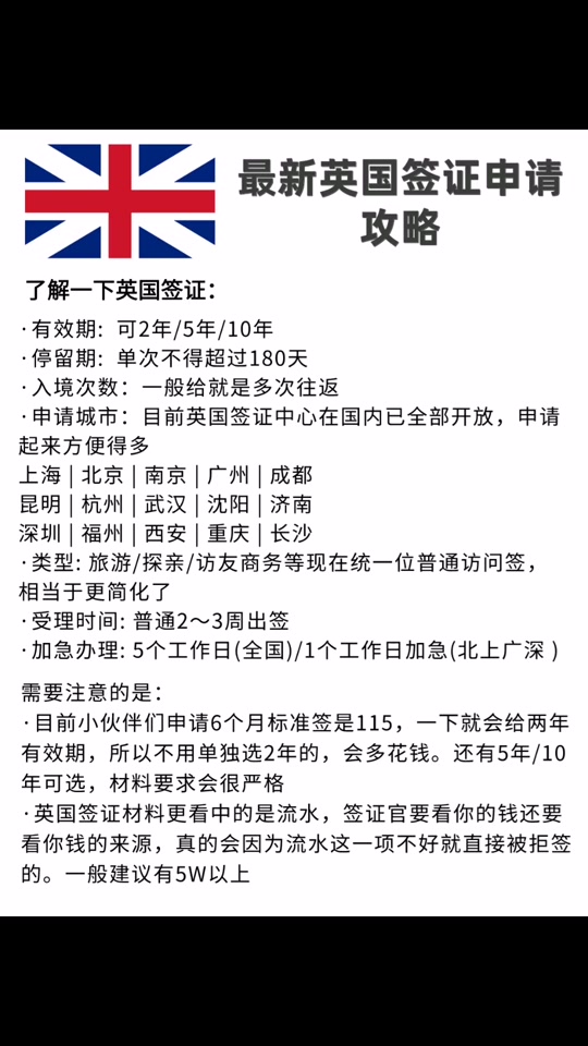 英签DIY全攻略🇬🇧极简材料➕两周快速出签 要说哪个国家好下签，那一定是英签，护照白本、没有工作证明、没有出境记录……依旧可以下！网上提交材料，线下采集指纹，不需要面签。而且可以根据自己的计划选择2/5/10年的有效期📅。单次停留最多180天，多次往返❗️ 英国给到的官方时间需要15个工作日，三周左右出签；一般情况下2周左右可以出的来，着急也可以选择加急服务（5个工作日完成）或24小时超级优先服务🔥。如果不是特别着急感觉没必要，真的是太贵了 - 【申请流程】 1）在GOV.UK🛂在线填写签证申请表并支付费用 2）在VFS网站，预约一下签证Slot 网上填写申请表→付款→预约递签时间→上传资料→递签&录指纹拍照→收到出签邮件→领取护照 - 【材料清单】 1、护照原件，如有旧护照需要提供 2、白底彩色2寸近照4张 3、身份证正反两面复印件及全家户口本复印件 4、结婚证或离婚证复印件 5、银行存款证明五万元 6、提供半年的银行流水单 7、中文在职证明原件 8、营业执照副本复印件或组织机构代码证的复印件加盖鲜章 9、房产证，行驶证的复印件 . *不同身分另需提供 ✅在职人员：单位放假信，营业执照 ✅无业/家庭主妇：提供配偶资料 ✅学生：学校放假信，父母一方资料 ✅退休人员：退休证，退休流水 ✅商务目的/探亲目的：提供邀请函 - 【签证中心】目前英国签证中心在中国已全部开放 上海 | 北京 | 南京 | 广州 | 成都 昆明 | 杭州 | 武汉 | 沈阳 | 济南 深圳 | 福州 | 西安 | 重庆 | 长沙 - 【拿护照】 下签后会有邮件通知，没有时间自取的话可以选择邮寄(是收费的)。不过方便的话完全可以自取，90元大洋的快递费可省 - ⚠️英国签证注意点： 1.避免大额进出，工资字样收入蕞佳 2.工作年限越长越好，证明在国内有稳定的工作，不会有滞留倾向 3.余额要在5万以上，过低容易拒 4.存款与年收入匹配 #英国旅游 #英国旅行 #英国签证 #留学英国 #留学那些事