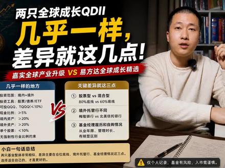 嘉实全球产业升级Vs易方达全球成长精选,框架相似,差异在人 关于嘉实全球产业升级与易方达全球成长精选,这两只QDII基金,我仔细扒了扒其官方公布的招募说明书/合同/报告,发现其可投资范围、工具、比例限制、风控要求,是高度相似的。而且很关键的一点是,两只基金都没有强制性的行业约束,基金经理的自由裁量权极大,这是啥意思呢?就是在不同市场环境下,经理可以自己判断投科技还是投红利,只要说得通就行。所以说白了,选这两只基金,本质上不是看条款限定,而是选人。纯个人功课,不构成建议。
#嘉实全球产业升级 #易方达全球成长精选混合 #qdii基金 #美股基金 #基金经理与基金报告解读