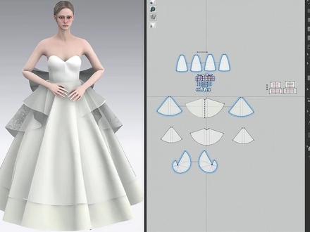 束胸衣与裙撑制作
一、束胸衣基础版片制作
在 3D 界面调用「编辑 3D 笔」,沿模特身体勾勒束胸衣轮廓,重点调整罩杯弧度与分割线位置。
技巧:分割线需贴合人体曲线,可参考胸腰臀黄金比例。
长按「编辑 3D 笔」选择「展平为版片」,点击「增加版片区域」后回车确认。
所有版片生成后,使用「缝合工具」连接边缘,确认无误后克隆对称版片,完成未缝合区域闭合。
点击「模拟」检查版片贴合度,基础版片初步成型。
二、钢圈与鱼骨结构制作
复制胸衣版片,绘制 5mm 内部线,再将版片向外扩展 5mm 后切断内部线,删除多余部分,钢圈版片完成。
测量束胸衣分割线长度,创建 10mm 宽的长方形鱼骨版片(高度与分割线等长)。
因版片对称,只需制作一半,另一半通过「克隆对称版片」生成。
为每片版片边缘添加 5mm 内部线,将钢圈与鱼骨对应缝在内部线上(缝纫类型选「叠缝」)。
注意:安装时需在模特身上定位,避免模拟时结构干扰导致不稳定。
三、面料调整与定型技巧
在 2D 窗口调用「熨斗按钮」,打开归拔器面板,设置收缩率为 - 29(负数归笼,正数拔开)。
沿罩杯上边缘左键拖动,观察 3D 界面罩杯收拢效果,若不服帖可微调收缩率至 - 7
将版片边缘点转换为「自由曲线点」,选中束胸衣上下边缘(对称版片选半边)。
在属性编辑器勾选「粘衬条」,预设选择「低领无纺衬」,强化边缘挺括度。
四、外层面料制作
用「圆周测量(服装)」定位腰线,右键选择「勾勒为内部线」。
将束胸衣版片点对点对齐,在正上方创建两个正形,2D 窗口将面料设为半透明
用「勾勒轮廓」工具沿版片边缘描边,补全腰线缺失点,调整内部省线后切断多余线条。
合并重叠点确保线条闭合,克隆对称版片并缝合前后片,添加到外层后模拟调整,通过「硬化」加速优化。
五、裙撑制作全流程
制作长方形腰带并冷冻固定,再创建宽度为腰带 1/4、高度 1200mm 的长方形裙摆版片。
用「延展版片点」在中心位置拉线,调整腰部线条至原长度,编辑曲线使两边呈钟形弧度。
复制并克隆对称版片,缝合后硬化模拟,与腰头连接。
3.蓬松度调节
重点:选中所有裙摆版片,在属性编辑器将「压力」调为 1,裙摆立即蓬起,冷冻定型完成制作。
下期预告
下期将解锁「裙摆造型层次感塑造」与「超大蝴蝶结立体裁剪」,敬请关注!
#3d建模