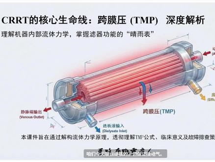 CRRT跨膜压 跨膜压(Transmembrane Pressure, TMP)是监测滤器功能的核心参数。它代表了推动液体和溶质通过滤器半透膜的净压力。 #血液净化技术 #零基础学习crrt#如何学好crrt#医路奔跑重症人#抖音精选计划