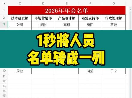 1秒将人员名单转成一列 #Office办公软件 #excel技巧 #excel教程 #excel函数 #excel