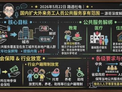 2026年5月22日路透社电 国内扩大外来务工人员公共服务享有范围,源哥深度解读。
相关部门周五印发指导意见,推动将基本公共服务覆盖至在务工城市无本地户籍的人群,此举将帮助更多外来务工人员享受城市公共服务。
此次政策调整能够为居民家庭筑牢社会保障屏障,还有望提振内需。
指导意见要求各级部门,依据民众常住地而非出生地划定的户籍归属,提供教育和基础医疗等公共服务。
相关部门在指导意见中表示:“按常住地提供基本公共服务,逐步解绑基本公共服务与户籍的关联,推动人人平等享有基本公共服务,有利于满足群众不断提升的美好生活需求。”
意见要求地方妥善安置更多随父母进城生活的外来务工人员子女就读公办学校,符合条件的务工人员子女可在常住地参加升学考试。
文件提出,更多城市需扩大公租房保障范围,覆盖就业稳定但无本地户籍的家庭;务工人员可在工作所在地参保社会保险。
同时,指导意见提出放宽托育、养老、助残等行业的户籍限制,鼓励省级政府加大对人口流入地区的财政帮扶力度,保障当地公共服务经费供给。
