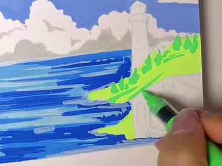 海边灯塔船坞|丙烯马克笔绘画过程|画画真的很治愈#画画 #丙烯马克笔 #手绘教程 #治愈风景画 #慕多星小红心丙烯马克笔