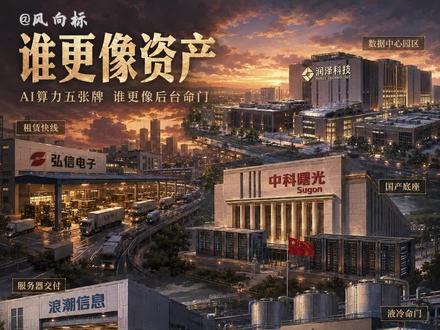 这五张AI算力后台牌里,谁更像“资产”,但90%的人拿不住 弘信电子、润泽科技、中科曙光、浪潮信息、英维克,这五张AI算力后台牌,表面都吃AI,但底层根本不是一种钱。弘信看情绪速度,润泽看机房利用率,曙光看国产算力底座,浪潮看服务器交付,英维克看液冷命门。仅作产业与资产框架观察,不构成投资建议。#AI资产审计
#弘信电子
#润泽科技
#中科曙光
#英维克
