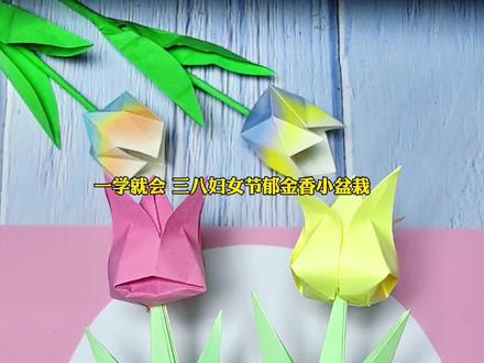 春日里的郁金香小盆栽,简单又好看。三八妇女节快到了,折一个送给妈妈吧#折纸#春天主题手工 #三八妇女节手工#郁金香折纸#解压益智