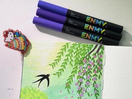 30 秒学会春暖花开!垂柳飞燕 + 嫩绿草地的治愈直接拿捏! #画画 #有手就会 #春暖花开 #春天 #恩米丙烯马克笔