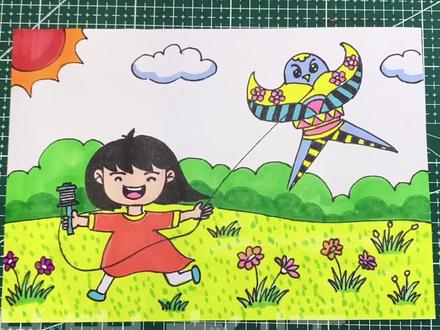 放风筝的小女孩简笔画,春天郊外放风筝的小女孩儿童画 #儿童画 #临摹卡 #简笔画 #线描画 #儿童简笔画