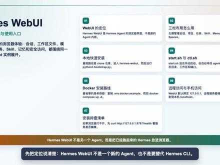 Hermes WebUI 可视化界面怎么安装和使用? Hermes WebUI 可视化界面把已经跑起来的 Hermes 放进浏览器。三栏布局、会话管理、工作区文件、模型控制、本地安装、Docker、SSH tunnel 和 Tailscale 访问。#hermes #openclaw #人工智能 #程序员 #智能体