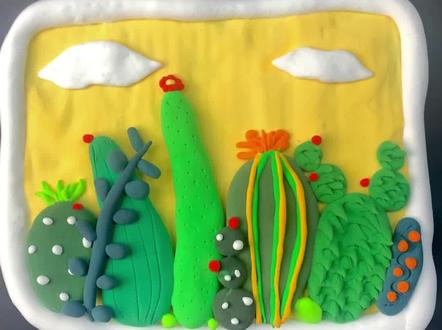 废纸板再利用,粘土仙人掌来啦#儿童手工 #创意美术 #创意手工 #粘土画 #手工diy