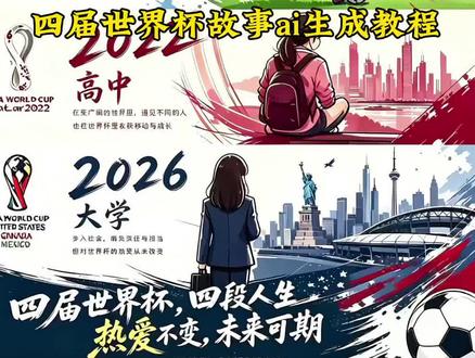 四届世界杯故事Ai指令制作教程来了 青春不过几届世界杯 四段人生 热爱不变 未来可期 世界杯Ai生成图片指令 #小云雀AI #小云雀AI一镜到底 #小云雀AI一键图片设计 #小云雀AI视频#2026美加墨世界杯来袭