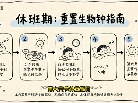 白白夜夜休休倒班族,怎么吃睡才科学? 本期结合专业研究,针对白白夜夜休休的快速倒班模式,分享白班、夜班、休班全周期的吃睡安排。从三餐选择、睡眠时长到生物钟重置技巧,给出具体时间节点和饮食建议,还包含遮光补觉、低 GI 饮食等实用细节。内容仅作健康科普参考,有基础疾病人群建议咨询医生。快来看看适合你的倒班健康方案吧。#夜班 #白白夜夜休休 #健康科普 #夜班人群健康 #睡眠障碍