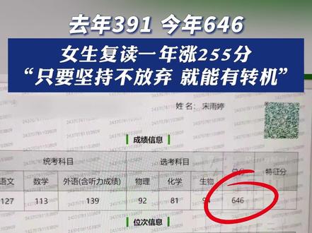 去年391,今年646!女生复读一年涨255分,“只要坚持不放弃,就能有转机”#高考 #复读 #更好潍坊