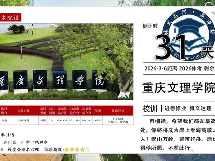 各位体育生大家好今天给大家带来的是省外本科院校,重庆文理学院,位于新一线城市。值得注意的是该校目前仅在我省招运动康复专业三人,且仅在历史组招生选科不限。#重庆文理学院 #体育生 #邢台体考 #河北体考 #升学规划