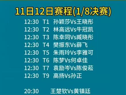 第十五届乒乓球全运会11月12日赛程(男女单打1/8决赛)