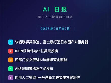 AI日报|5月9日科技圈大事件 AI日报|2026年5月9日
📊 今日AI行业重磅新闻速递!
🔥 软银联手英伟达、富士康打造日本国产AI服务器
💡 IREN获英伟达21亿美元投资
📋 四部门发文促进AI与能源双向赋能
🤖 Meta疯狂拥抱AI:追踪员工一切操作
💰 DeepSeek拟募资500亿,创中国AI融资纪录
每条新闻附专业解读,帮你快速掌握AI行业动态!
#AI #人工智能 #科技前沿 #AI日报 #科技资讯