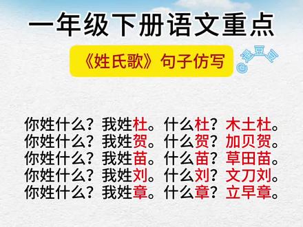 一年级下册语文《姓氏歌》句子仿写,你会介绍自己的姓氏吗?一起来试试吧!#每天跟我涨知识 #姓氏歌#一年级语文下册 #语文知识点