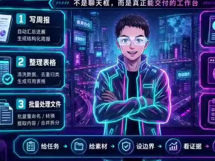 6 个场景,把 Codex 用成工作台 这是一条给打工人的 Codex 入门视频。
不是教你和 AI 聊天,而是教你把 Codex 用成真正的工作台:写周报、整理表格、批量处理文件、生成报告、浏览器代办、每日自动化。
核心方法很简单:给任务、给素材、设边界、看证据、验交付。
#打工人 #Codex #AI办公 #AI工具 #职场效率