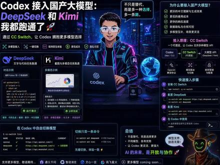 Codex 接入国产大模型:DeepSeek 和 Kimi 这期视频演示如何通过 CC Switch,把 DeepSeek 和 Kimi 接入 Codex。主线先用 DeepSeek 跑通文字和代码任务,再补 Kimi 的截图、多模态场景。重点不是替代某个模型,而是让 Codex 多几条可切换的模型线路。
#Codex #AI编程 #国产大模型 #DeepSeek #Kimi