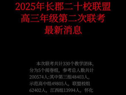 #长郡二十校 #高三 #联考 #最新消息 #上热门
最新消息:据了解,本次联考共计330个教学团体,分为5个阅卷组,参考总人数共计200574人:其中第三组48403人,示范高中组49805人,联盟校组62402人,江西组13994人,怀化组25970人。2024年湖南高考共计46.2万考生(含复读生),其中物理类考生31.4万人,600分人数14294人;历史类考生14.8万人,600分以上人数1982人。本次联考包含22个高二年级教学团体预计1000人左右,江西省13994人,共计1.5万人左右。参考高三年级总人数18.5万人左右,预计为2025年湖南省高考实际总人数40%左右,600分以上人数预计为2025年高考60%以上。数据仅供参考,请点赞支持并关注我,让您了解更多联考信息!誉教于乐专注联考及中高考相关信息,及时更新,帮助各位粉丝减少中考、高考、联考等各种联考信息差!