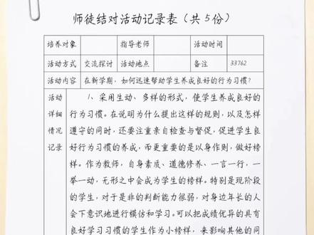 师徒结对活动记录表(共5份)青蓝工程师徒活动记录表
33762。在新学期,如何迅速帮助学生养成良好的行为习惯?#师徒结对记录表 #师徒结对