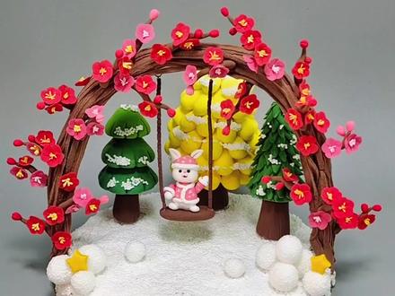 粘土制作腊梅花下荡秋千的小兔子!#手工diy #手工 #超轻粘土手工 #亲子手工 #手工制作