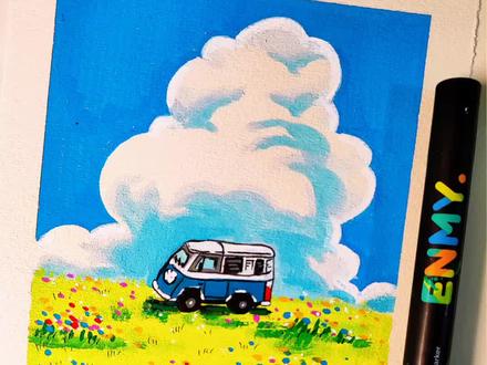 治愈系手绘教程,3步画出宫崎骏同款花海房车#绘画教程 #画画 #跟着抖音学画画 #治愈系风景 #零基础学画画