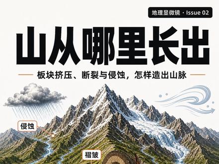 山从哪里长出 山不是从地面上“堆”出来的。
我们看到的山峰、山脊和峡谷,其实是地球内部力量和地表外部力量一起留下的痕迹:板块相撞时,岩层会被挤皱、推高、断裂;板块俯冲时,岩浆会上升,排成火山链;而风、雨、冰川和河流又会不断把高处削低,把碎屑搬走。
所以一座山,既不是单纯的“高”,也不是一次事件的结果。它更像一段漫长拉扯:下面在抬升,上面在剥蚀;内部在挤压,表面在被雕刻。
读山脉时,可以先问三句:
它是在板块边界附近吗?
岩层是被挤皱,还是被断裂抬起?
它还年轻陡峭,还是已经被侵蚀得圆缓?
看懂这三点,你就会发现:山不是静止的背景,而是地球仍在用很慢的速度,继续改写自己的表面。
#山脉形成 #板块运动 #褶皱山 #断块山 #地质知识 @DOU+小助手