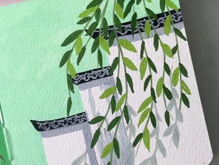 谁懂!30 秒学檐下柳条!青柳白墙 + 江南氛围感戳心巴! #画画 #房子 #风景画 #柳条 #初描丙烯马克笔