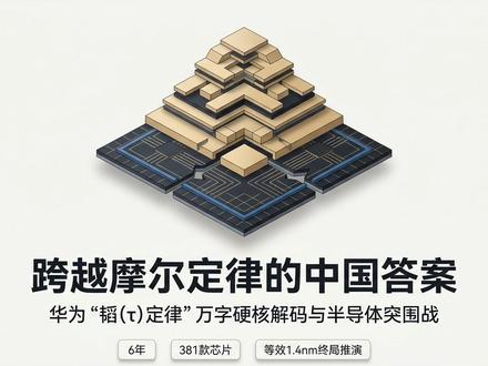 华为"韬定律"曝光:6年381款芯片,中国半导体绕过光刻机弯 华为正式发布"韬(τ)定律",宣布2031年实现等效1.4nm芯片量产。在摩尔定律走向黄昏、美国封锁EUV光刻机的绝境下,华为用时间换空间——6年、381款芯片、逻辑折叠架构,不靠最先进光刻机,靠架构创新实现晶体管密度暴涨55%。台积电慌了吗?中国半导体这次真的能绕过去吗?本期深度解读。#华为韬定律 #14nm芯片 #麒麟芯片 #中国芯