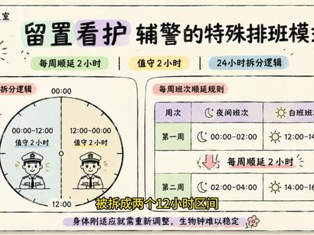 一天只上4小时班却熬人?留置看护真相揭秘 本期科普聚焦留置看护辅警岗位,拆解看似轻松的 4 小时工时背后,滚动轮班导致的昼夜节律紊乱问题,详解这种排班模式对睡眠和精神状态的影响。同时针对不同班次,分享分段睡眠、光线控制、轮休作息调整等实用方法,帮助从业者尽量减少作息带来的消耗。如果你正在从事或准备入职该岗位,一定要看完视频,科学调整状态。#留置看护 #辅警 #夜班 #健康科普 #睡眠研究
