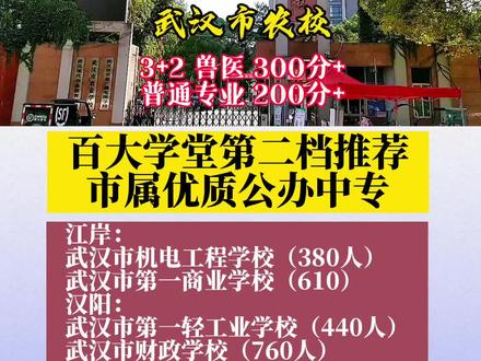 百大学堂第二档(期)推荐,武汉市市属优质公办中专学校,和昨天第一档(期)名单不重合,分数在240-320之间!#武汉中专 #武汉中专学校