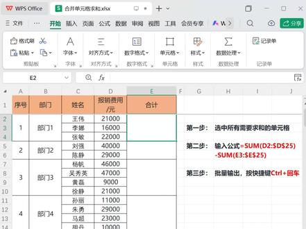 做部门汇总/项目统计必看!合并单元格这样求和才正确 📊 做报表最烦什么?左边是合并的部门/项目,右边要对每个合并块分别求和。
✨ 记住这个万能公式套路:=SUM(对应数据区) - SUM(下方结果区)
💪 设置一次,拖动填充,从此告别手动计算的低效和错误!#数据汇总 #WPS报表 #职场必备 #wps办公小技巧 #不规则合并单元格求和