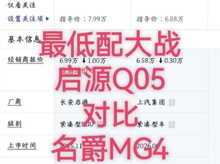 启源Q05对比名爵mg4,最低配大战 长安启源Q05,405air对比名爵mg4,437随心版,两款车都是最低配,落地价格接近,落地价格在75,000左右。进群两款车都能领额外的补贴,启源Q05还有官方老带新活动,可以参加价值500元。进群#长安启源 #启源Q05 #长安启源Q05 #名爵mg4 #名爵