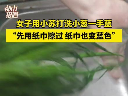 女子用小苏打洗小葱一手蓝,“先用纸巾擦过,纸巾也变蓝色”(来源:@凤喜梧桐 )#意不意外 #蔬菜 #小葱 #食品安全 #科技与狠活