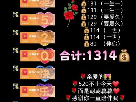 ✨520仪式感红包教程 一定要这样给老婆发~仪式感直接拉满 谁说520只能发一个520转账?
这样拆开发,告别枯燥,浪漫和心意翻倍
📝红包文案の金额都给大家整理好了。
1. 199 (要久久)
2. 199 (要久久)
3. 188 (要发发)
4. 131 (一生一)
5. 131 (一生一)
6. 129 (要爱久)
7. 129 (要爱久)
8. 114 (一世)
9. 114 (一世)
10. 80 (伴你)
合计:199+199+188+131+131+129+129+114+114+80 = 1314
祝福文案:
1. 爱意藏朝夕
2. 岁岁皆予你
3. 心动永不止
4. 余生皆欢喜
5. 满眼皆是你
6. 温柔只给你
7. 与你共朝夕
8. 偏爱独予你
9. 爱你永不息
10. 相守伴余生
开头(发红包前发)
老婆,520快乐❤️
小小红包 满满爱意,十个心意✨
代表十全十美,往后岁岁年年,永远爱你❤️
亲爱的❤️520不止今天
而是朝朝暮暮。感谢你一直陪伴我🌹
包容我,往后余生,三餐四季💕
风雨同舟,我会一直偏爱你❤️
守护你,永远爱你❤️
✨520|把一生一世,拆成十份偏爱给你
没有轰轰烈烈的惊喜
只有细水长流的浪漫
10个红包,总额1314
每个都藏着我满满的心意
199要久久,188要发发
一生一世,岁岁年年
别人的浪漫是一束花
我的浪漫是一笔笔细碎的偏爱
红包不大,爱意很满
往后三餐四季,柴米油盐
一生只宠你一人❤️
爱不用多言,行动即是答案
#520仪式感 #给老婆的偏爱 #一生一世1314 #红包仪式感 #520红包