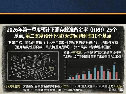 渣打银行:中国央行将维持宽松 预计2026年降准降息 12月16日,渣打银行发布对中国2026年货币政策的展望,预测中国央行将继续维持宽松基调,通过多种工具支持经济。其核心预测包括在2026年上半年分步实施降准和降息操作。
根据渣打银行的报告,主要政策预测包括:
政策工具与时点:预计中国人民银行可能在2026年第一季度下调存款准备金率(RRR)25个基点,随后在第二季度下调7天逆回购利率10个基点。
流动性管理:央行将向市场注入充足流动性,以配合大规模政府债券的供给,同时运用结构性再贷款等工具对重点领域提供定向支持。
#渣打银行 #央行降准 #央行 #央行降息