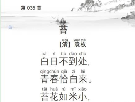 第35首 苔 清 袁枚
白日不到处,
青春恰自来。
苔花如米小,
也学牡丹开。
唐诗#古诗词#国学启蒙#国学经典#小学生必背古诗词#小学必背古诗词#宝宝学诗#古诗背诵#宝宝学古诗#诗朗诵#古诗带拼音#古诗带译文#古诗翻译和注释
