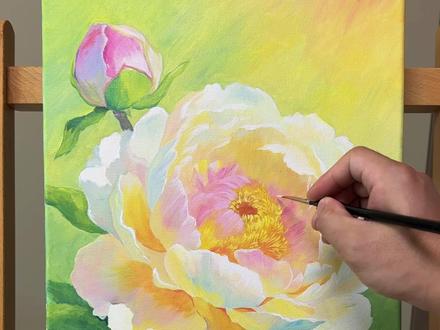 超治愈的牡丹花丙烯画教程来了 准备材料:30✖️40油画框,大中小号尼龙平头笔,小勾线笔,颜料🎨:白色、淡黄、粉色、藏青、浅蓝、大红#丙烯画 #绘画教程 #手绘 #画画 #丙烯画教程