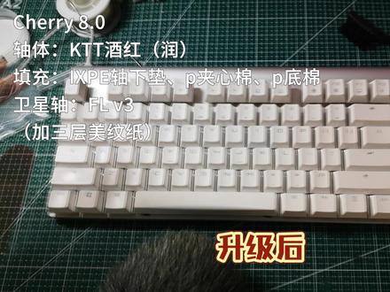 【“主流”樱桃】Cherry8.0改装升级,打字音对比在视频结尾
Cherry 8.0
轴体:KTT酒红(润)
填充:IXPE轴下垫、p夹心棉、p底棉
卫星轴:FL v3
(加三层美纹纸)
#键盘 #机械键盘 #游戏外设 #键盘打字 #组装电脑 #客制化键盘 #键盘推荐 #数码 #Cherry #黑轴 #酒红轴 #腹灵 @DOU+小助手