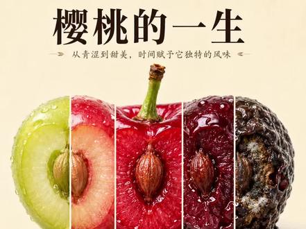 以“{樱桃}的一生”为主题的科普信息图 以“{樱桃}的一生”为主题的科普信息图!画面中必须是“一个完整的单体食物”(如一个樱桃通过横向切片的方式,表现同一个食物在不同时间阶段的变化,而不是多个不同食物拼接。 食物主体保持结构连续、形状一致,只是在不同切片区域呈现不同成熟度(像时间被切开)。 画面为竖版3:4比例,主体居中横向展开,被均匀分割为4-6段: 从左到右:未成熟 → 成熟 → 过熟 → 变质 每一段体现真实变化: 颜色变化(青→黄→黑等) 质地变化(饱满→软化→皱缩→腐坏) 特征变化(发芽、出水、霉变等) 每个阶段配文字说明: 阶段名称 外观特点 内部变化(糖分/淀粉/水分变化) 食用建议(推荐/适合烹饪/不可食用) 设计风格: 极简浅色背景(米色) 高真实感摄影风格 清晰分割线(时间切片感) 中文科普排版,小红书风格 适当使用⚠️✔️等标识 画面顶部标题:“{樱桃}的一生” 关键要求:必须表现为“同一个食物随时间变化的切片”,而不是多个独立个体拼接 食物名称:樱桃