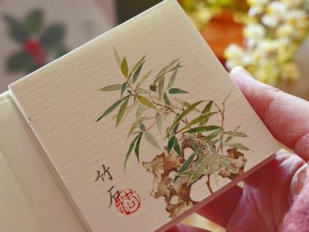 迷你水彩挑战,二十分钟画出心中的江南古风竹石小景 #水彩 #国风正当红 #手绘 #传统文化 #没骨画 @DOU+上热门