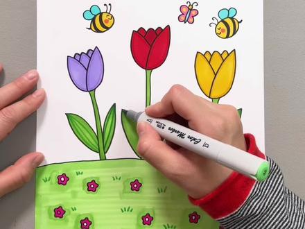 春天主题画 春天万物复苏,生机勃勃,和我一起画春天的郁金香吧,简单又好看,幼儿园小朋友也能独立完成哦,快来试试吧!#春天主题画 #跟着抖音学画画 #幼儿园简笔画 #一起学画画 #儿童创意画