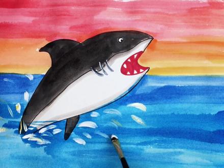 一条跃出海面的鲨鱼来咯,用冷暖对比色作为背景,使单调的黑白鲨鱼显得更加出众,你也来试试吧#创意美术 #少儿美术