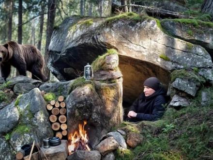 为了防止黑熊的突袭,小伙竟然掏空了巨石裂缝,绝壁上打造安全屋 #荒野求生 #野外生存技能 #野外生活 #抖音合集升级计划 #千年古树