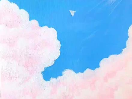 怎样用水粉颜料画蓝天白云纸飞机#水粉 #风景画 @抖音小助手