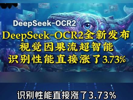 今日AI圈大事件速报!1月28日
1.DeepSeek-OCR2全新发布!像人一样按语义读复杂文档,视觉因果流超智能,识别性能直接涨了 3.73%,读文档的顺序更准,生产用起来也更稳,还不额外耗资源,复杂表格、公式都能轻松读懂#叁陆玖团队#承接AI视频制作#叁陆玖AIGC宣传应用#AIGC