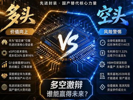 5月28日 华天科技 华天科技今天逆市大涨 6.65%,成交逼近 200 亿,多空吵翻了天!
多头:国产半导体破局唯一路径,先进封装才刚开始,翻倍只是起点!
空头:200 倍 PE 纯泡沫,HBM 量产遥遥无期,游资拉高出货,散户站岗!
你站多头还是空头?评论区站队!
#华天科技 #半导体 #先进封装 #多空集中营 #A股