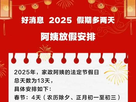 2025年,家政阿姨的法定节假日总天数为13天,具体安排如下:
春节:4天(农历除夕、正月初一至初三)
清明节:1天(农历清明当日)
劳动节:2天(5月1日、2日)
端午节:1天(农历端午当日)
中秋节:1天(农历中秋当日)
国庆节:3天(10月1日至3日)
元旦:1天(1月1日)
工资计算:
如果家政阿姨在法定节假日正常休息,薪资按正常日薪计算。
单休阿姨的日薪通常按月工资26天计算。
双休阿姨的日薪通常按月工资22天计算。
请注意,具体的假期安排可能会因地区、公司政策或客户需求而有所不同,建议与所在公司或客户确认具体的休息安排和薪资计算方式。
#家政服务 #育婴师 #保姆 #住家保姆 #月嫂