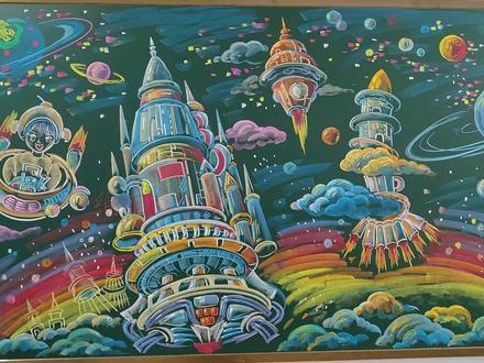 浩瀚太空漫天异彩,未来飞船穿梭,科幻粉笔绘画太惊艳了 #黑板报粉笔画 #科幻画 #创意儿童美术