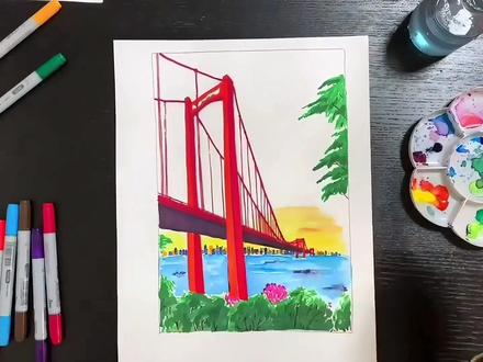 #创作灵感 曾老师教画武汉鹦鹉洲长江大桥,评论区可以发你喜欢的大桥照片哦!#跟着抖音学画画 #儿童画 #少儿美术 #武汉鹦鹉洲大桥